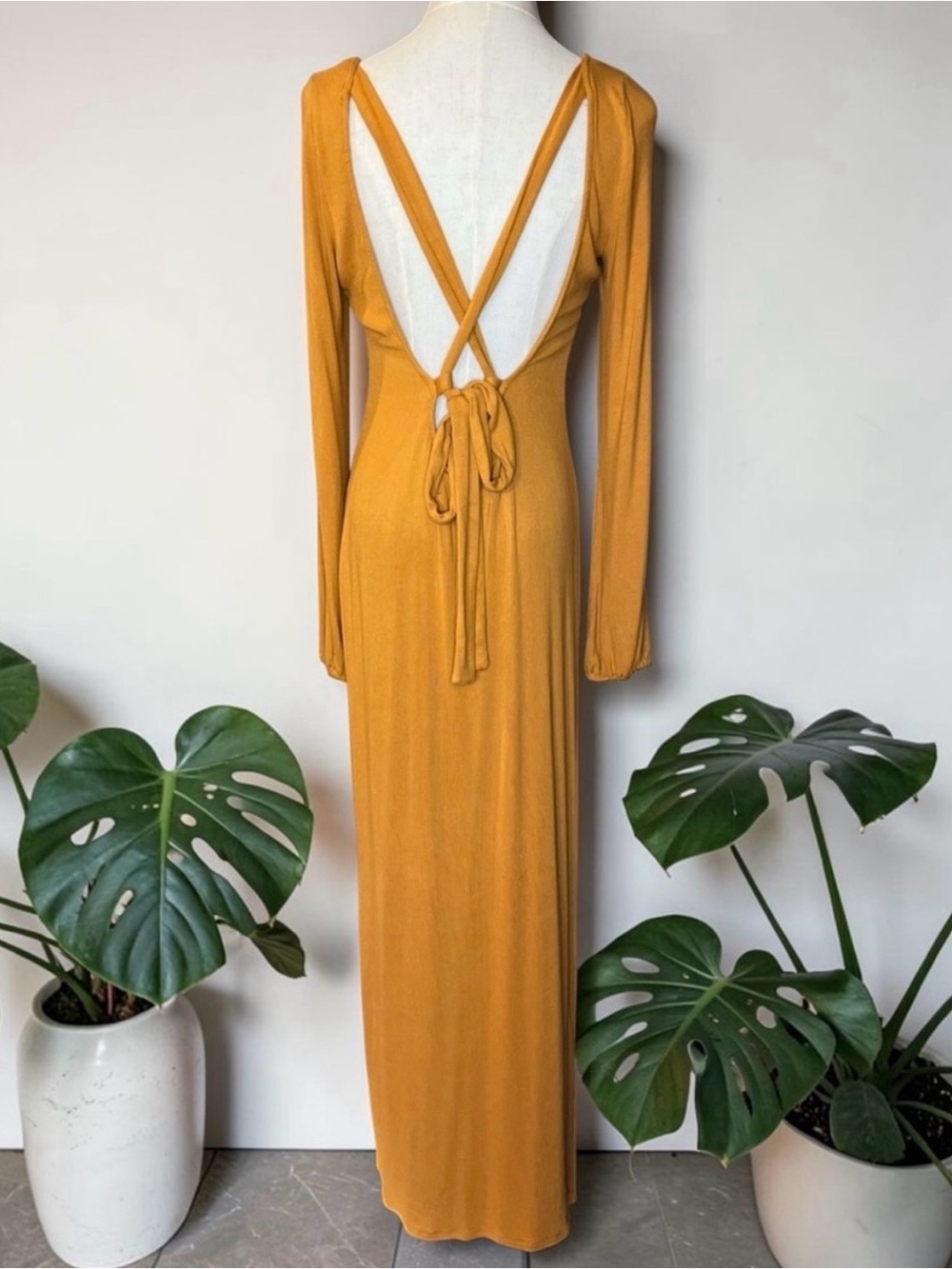 Free People FP Beach Open Back Maxi Dress XS Mustard Tie Back Bodycon - Picture 3 of 6